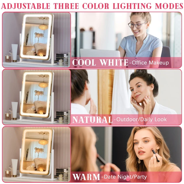 Alt view image 3 of 7 - ROLOVE Vanity Mirror with Lights, 12.6"x15" LED Makeup Mirror with Lights, Smart Touch Control 3 Color Dimmable, Lighted Desk Mirror for Bedroom, Light Up Mirror