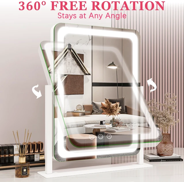 Alt view image 5 of 7 - ROLOVE Vanity Mirror with Lights, 12.6"x15" LED Makeup Mirror with Lights, Smart Touch Control 3 Color Dimmable, Lighted Desk Mirror for Bedroom, Light Up Mirror