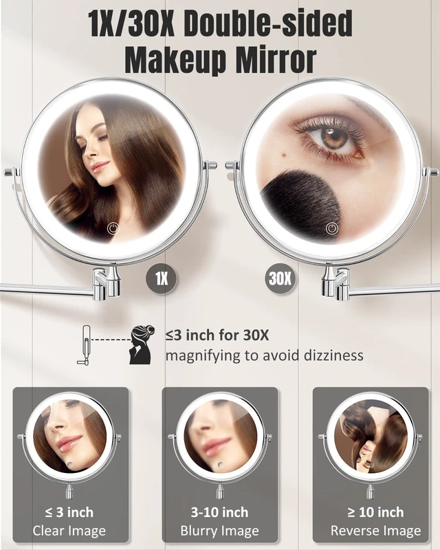 Alt view image 2 of 7 - VFD 8'' 30X/1X Wall Mounted Lighted Magnifying Makeup Mirror with Lights | Double Sided Rechargeable Bathroom Mirror, 3 Color Lights Touch Dimmable Extended Arm 360 Rotation Light up Mirrors
