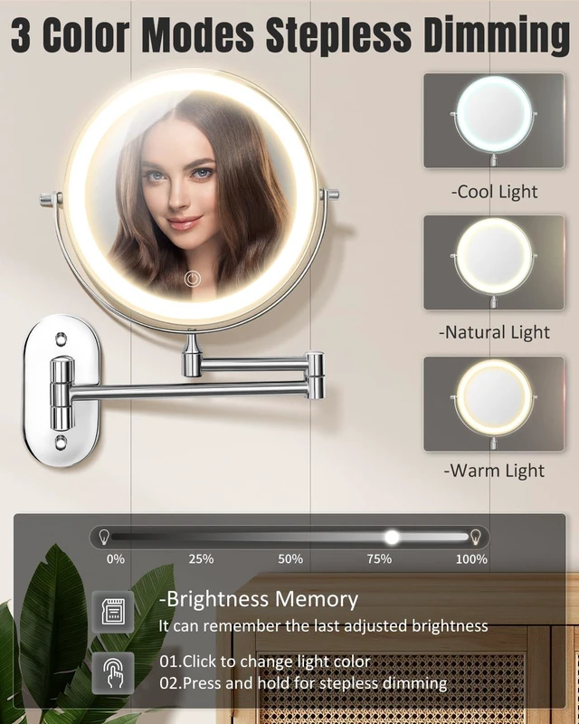 Alt view image 3 of 7 - VFD 8'' 30X/1X Wall Mounted Lighted Magnifying Makeup Mirror with Lights | Double Sided Rechargeable Bathroom Mirror, 3 Color Lights Touch Dimmable Extended Arm 360 Rotation Light up Mirrors