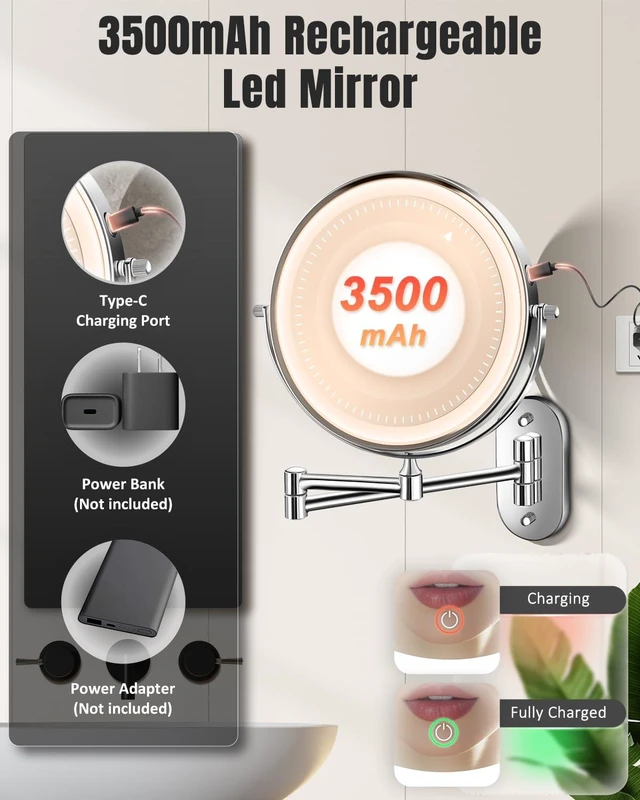 Alt view image 5 of 7 - VFD 8'' 30X/1X Wall Mounted Lighted Magnifying Makeup Mirror with Lights | Double Sided Rechargeable Bathroom Mirror, 3 Color Lights Touch Dimmable Extended Arm 360 Rotation Light up Mirrors