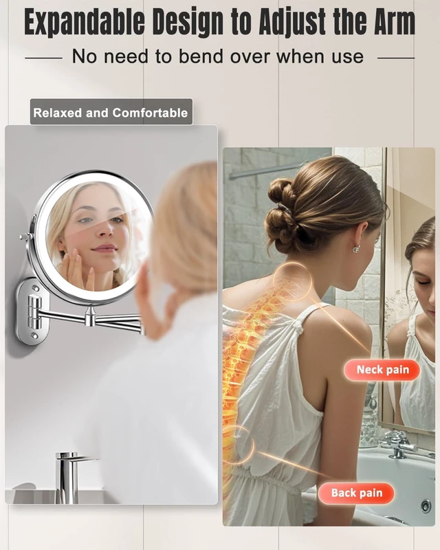 Alt view image 4 of 7 - VFD 8'' 30X/1X Wall Mounted Lighted Magnifying Makeup Mirror with Lights | Double Sided Rechargeable Bathroom Mirror, 3 Color Lights Touch Dimmable Extended Arm 360 Rotation Light up Mirrors