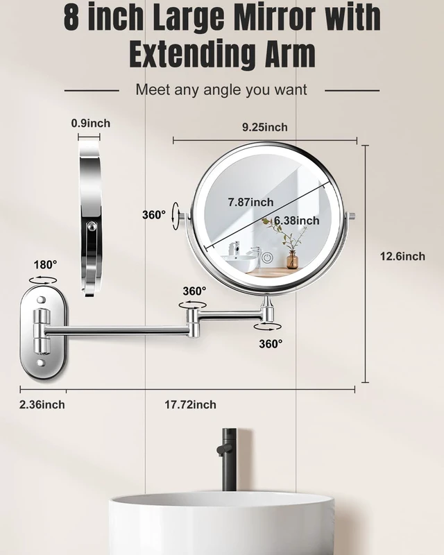 Alt view image 6 of 7 - VFD 8'' 30X/1X Wall Mounted Lighted Magnifying Makeup Mirror with Lights | Double Sided Rechargeable Bathroom Mirror, 3 Color Lights Touch Dimmable Extended Arm 360 Rotation Light up Mirrors