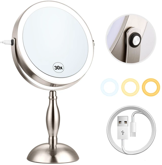 Main image of Makeup Mirror with Light - Brushed Nickel, 30x Makeup Mirror with 3 Colors | 5000mAh Vanity Mirror - 360° Rotation, Brightness Adjustable Magnification, Modern Style Side Touch + Side Charge