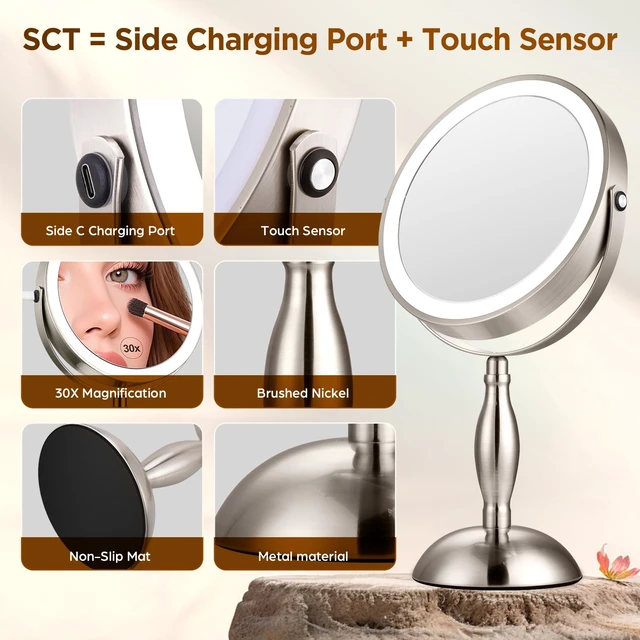 Alt view image 3 of 7 - Makeup Mirror with Light - Brushed Nickel, 30x Makeup Mirror with 3 Colors | 5000mAh Vanity Mirror - 360° Rotation, Brightness Adjustable Magnification, Modern Style Side Touch + Side Charge