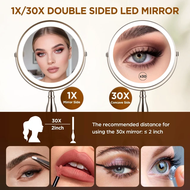 Alt view image 2 of 7 - Makeup Mirror with Light - Brushed Nickel, 30x Makeup Mirror with 3 Colors | 5000mAh Vanity Mirror - 360° Rotation, Brightness Adjustable Magnification, Modern Style Side Touch + Side Charge