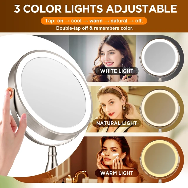Alt view image 4 of 7 - Makeup Mirror with Light - Brushed Nickel, 30x Makeup Mirror with 3 Colors | 5000mAh Vanity Mirror - 360° Rotation, Brightness Adjustable Magnification, Modern Style Side Touch + Side Charge