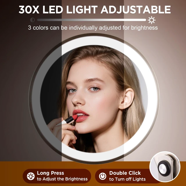 Alt view image 5 of 7 - Makeup Mirror with Light - Brushed Nickel, 30x Makeup Mirror with 3 Colors | 5000mAh Vanity Mirror - 360° Rotation, Brightness Adjustable Magnification, Modern Style Side Touch + Side Charge