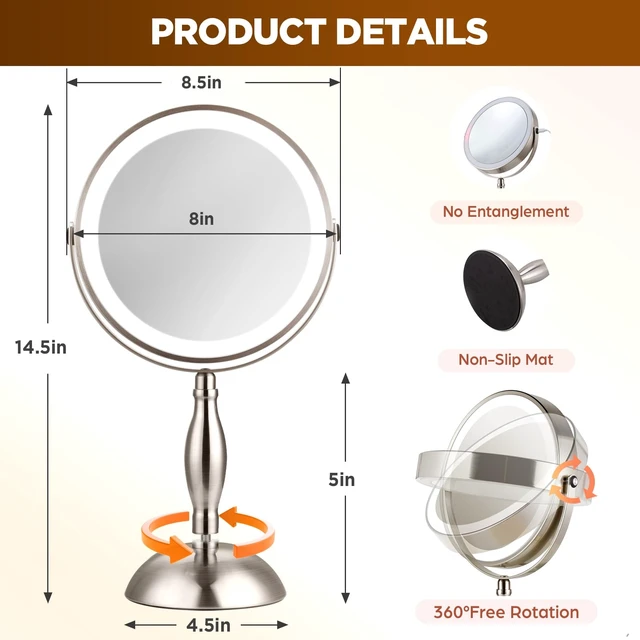 Alt view image 6 of 7 - Makeup Mirror with Light - Brushed Nickel, 30x Makeup Mirror with 3 Colors | 5000mAh Vanity Mirror - 360° Rotation, Brightness Adjustable Magnification, Modern Style Side Touch + Side Charge