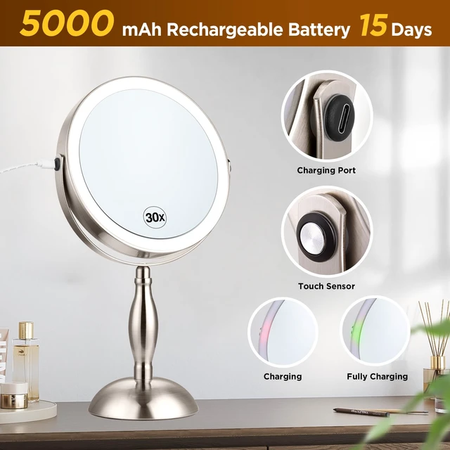 Alt view image 7 of 7 - Makeup Mirror with Light - Brushed Nickel, 30x Makeup Mirror with 3 Colors | 5000mAh Vanity Mirror - 360° Rotation, Brightness Adjustable Magnification, Modern Style Side Touch + Side Charge