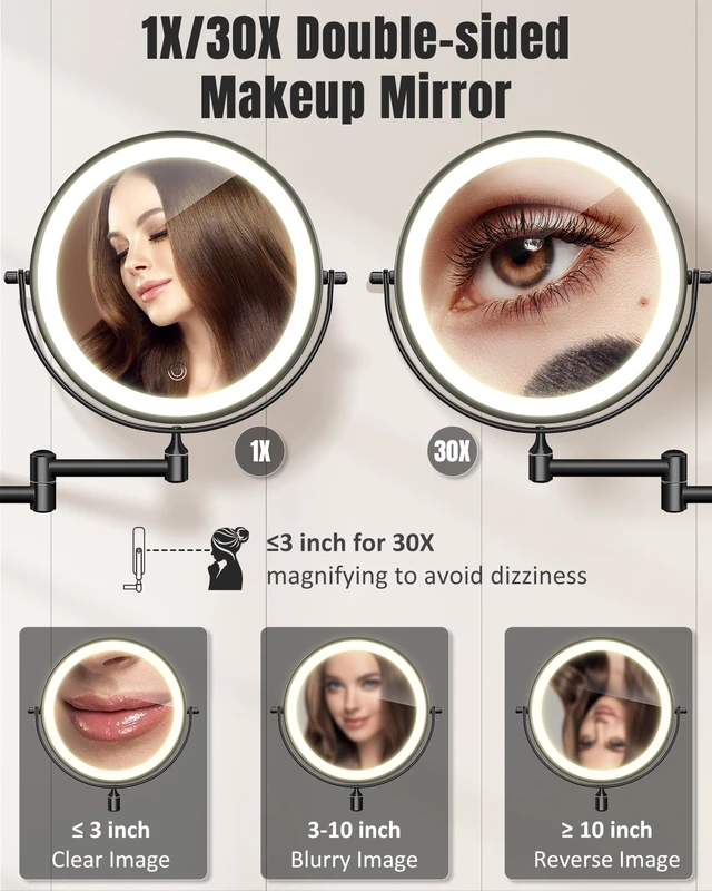 Alt view image 2 of 7 - VFD 8'' 30X/1X Wall Mounted Lighted Magnifying Makeup Mirror with Lights | Double Sided Rechargeable Bathroom Mirror, 3 Color Lights Touch Dimmable Extended Arm 360 Rotation Light up Mirrors
