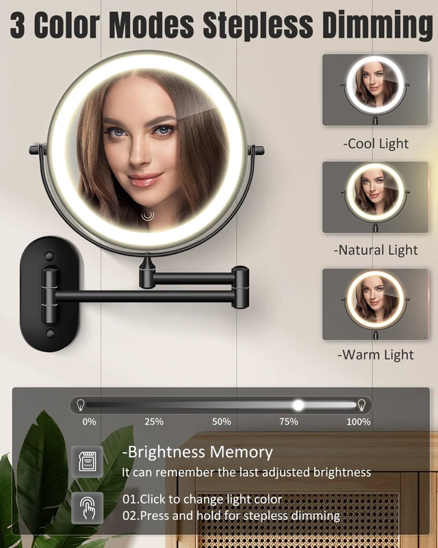 Alt view image 3 of 7 - VFD 8'' 30X/1X Wall Mounted Lighted Magnifying Makeup Mirror with Lights | Double Sided Rechargeable Bathroom Mirror, 3 Color Lights Touch Dimmable Extended Arm 360 Rotation Light up Mirrors