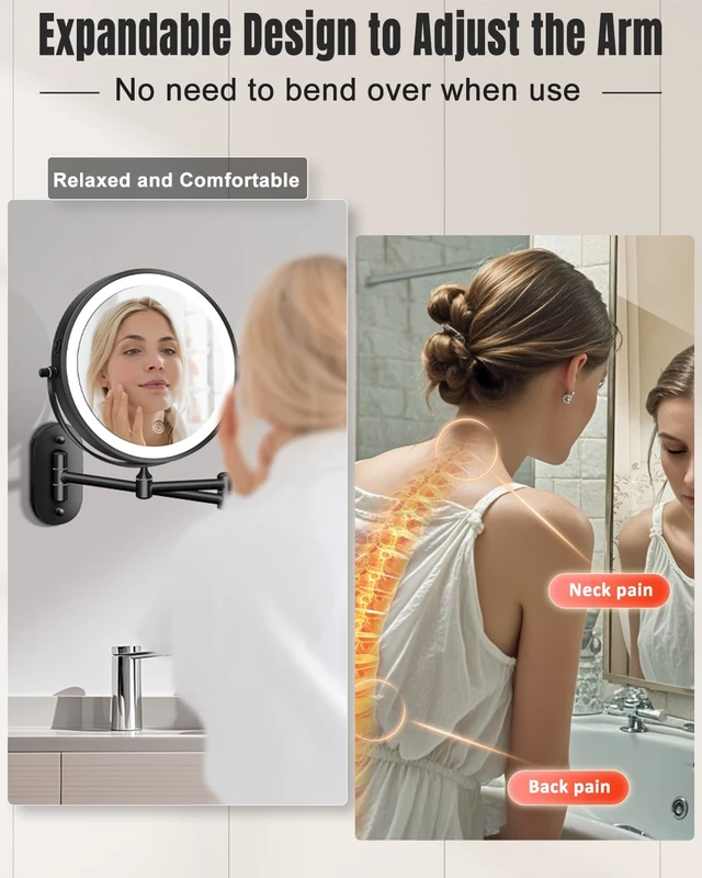 Alt view image 4 of 7 - VFD 8'' 30X/1X Wall Mounted Lighted Magnifying Makeup Mirror with Lights | Double Sided Rechargeable Bathroom Mirror, 3 Color Lights Touch Dimmable Extended Arm 360 Rotation Light up Mirrors