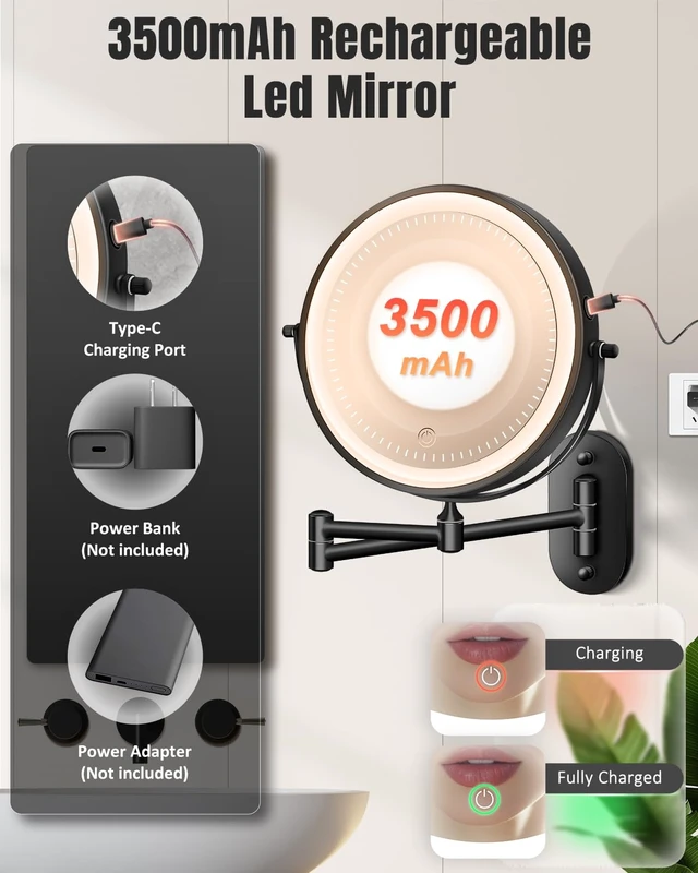 Alt view image 5 of 7 - VFD 8'' 30X/1X Wall Mounted Lighted Magnifying Makeup Mirror with Lights | Double Sided Rechargeable Bathroom Mirror, 3 Color Lights Touch Dimmable Extended Arm 360 Rotation Light up Mirrors