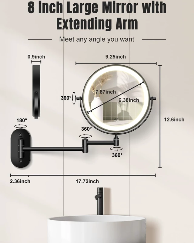 Alt view image 6 of 7 - VFD 8'' 30X/1X Wall Mounted Lighted Magnifying Makeup Mirror with Lights | Double Sided Rechargeable Bathroom Mirror, 3 Color Lights Touch Dimmable Extended Arm 360 Rotation Light up Mirrors