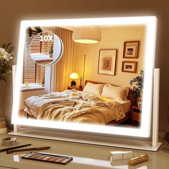 Main image of ROLOVE Lighted Makeup Mirror 16.3"x12.6", Hollywood Vanity Mirror with 10X Magnifier, 3 Color LED Lighting Modes, Smart Touch Control & 360° Rotation, Tabletop Makeup Mirror (White, Gift Ready)