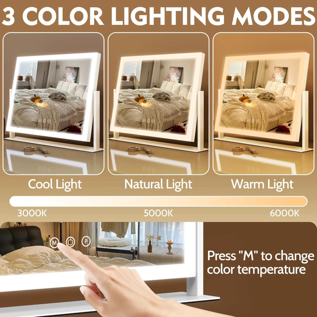 Alt view image 3 of 7 - ROLOVE Lighted Makeup Mirror 16.3"x12.6", Hollywood Vanity Mirror with 10X Magnifier, 3 Color LED Lighting Modes, Smart Touch Control & 360° Rotation, Tabletop Makeup Mirror (White, Gift Ready)