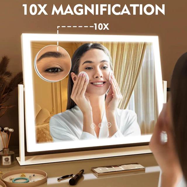 Alt view image 5 of 7 - ROLOVE Lighted Makeup Mirror 16.3"x12.6", Hollywood Vanity Mirror with 10X Magnifier, 3 Color LED Lighting Modes, Smart Touch Control & 360° Rotation, Tabletop Makeup Mirror (White, Gift Ready)
