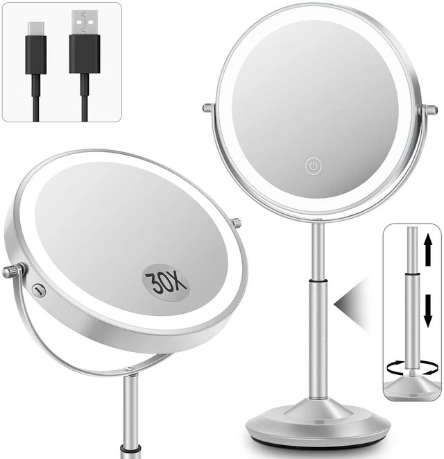 Main image of 8" Lighted Makeup Mirror with Light,30X Magnifying Height Adjustable Mirror | 3000mAh Rechargeable Battery Vanity Mirrors with 3 LED Lighting Dimmable for Desk Dresser Office Women Gift