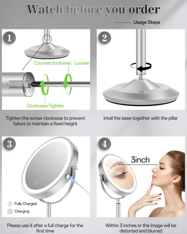 Alt view image 2 of 7 - 8" Lighted Makeup Mirror with Light,30X Magnifying Height Adjustable Mirror | 3000mAh Rechargeable Battery Vanity Mirrors with 3 LED Lighting Dimmable for Desk Dresser Office Women Gift