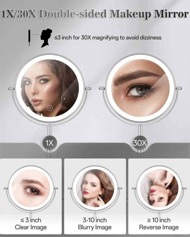Alt view image 3 of 7 - 8" Lighted Makeup Mirror with Light,30X Magnifying Height Adjustable Mirror | 3000mAh Rechargeable Battery Vanity Mirrors with 3 LED Lighting Dimmable for Desk Dresser Office Women Gift