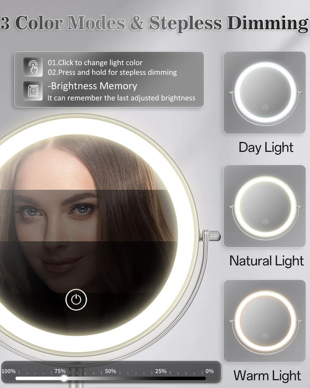 Alt view image 4 of 7 - 8" Lighted Makeup Mirror with Light,30X Magnifying Height Adjustable Mirror | 3000mAh Rechargeable Battery Vanity Mirrors with 3 LED Lighting Dimmable for Desk Dresser Office Women Gift
