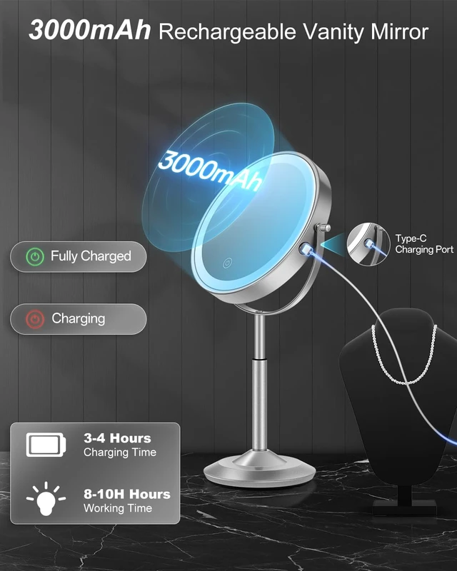 Alt view image 7 of 7 - 8" Lighted Makeup Mirror with Light,30X Magnifying Height Adjustable Mirror | 3000mAh Rechargeable Battery Vanity Mirrors with 3 LED Lighting Dimmable for Desk Dresser Office Women Gift