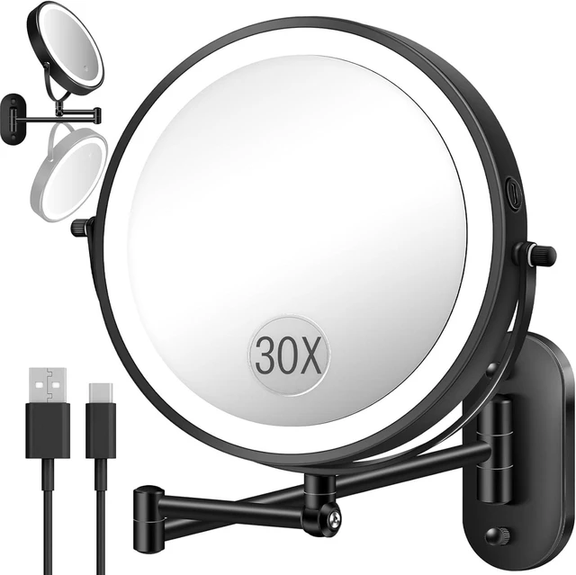 Main image of 9'' 30X/1X Wall Mounted Height Adjustable Lighted Magnifying Makeup Mirror | 5000mAh Rechargeable Bathroom Mirror with 3 Color Modes Light, Extended Arm Space Saving for Apartment, Hotel, Rental House