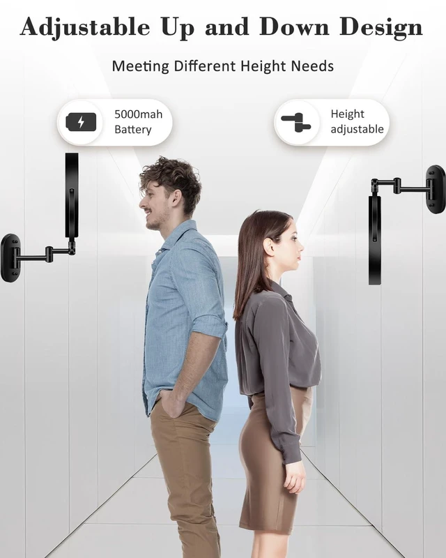Alt view image 2 of 7 - 9'' 30X/1X Wall Mounted Height Adjustable Lighted Magnifying Makeup Mirror | 5000mAh Rechargeable Bathroom Mirror with 3 Color Modes Light, Extended Arm Space Saving for Apartment, Hotel, Rental House