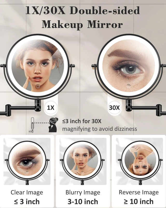 Alt view image 3 of 7 - 9'' 30X/1X Wall Mounted Height Adjustable Lighted Magnifying Makeup Mirror | 5000mAh Rechargeable Bathroom Mirror with 3 Color Modes Light, Extended Arm Space Saving for Apartment, Hotel, Rental House