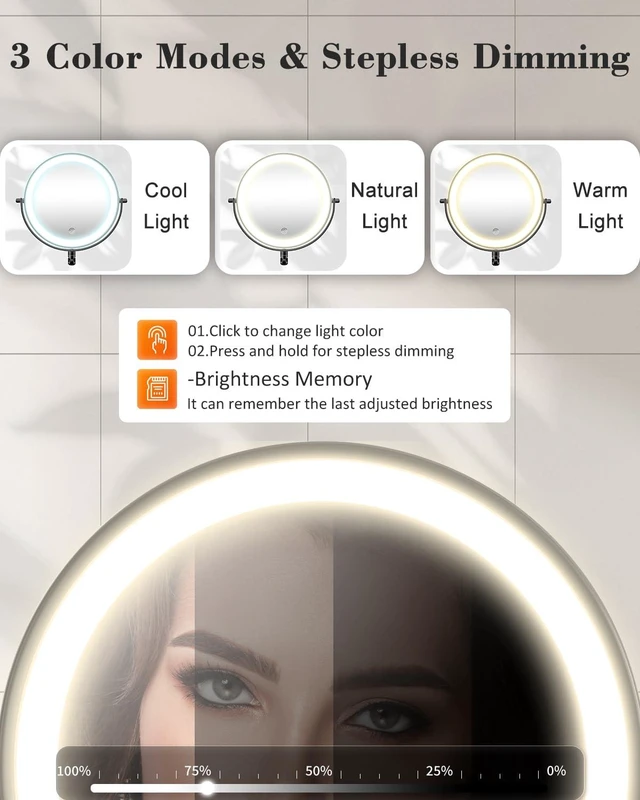 Alt view image 4 of 7 - 9'' 30X/1X Wall Mounted Height Adjustable Lighted Magnifying Makeup Mirror | 5000mAh Rechargeable Bathroom Mirror with 3 Color Modes Light, Extended Arm Space Saving for Apartment, Hotel, Rental House