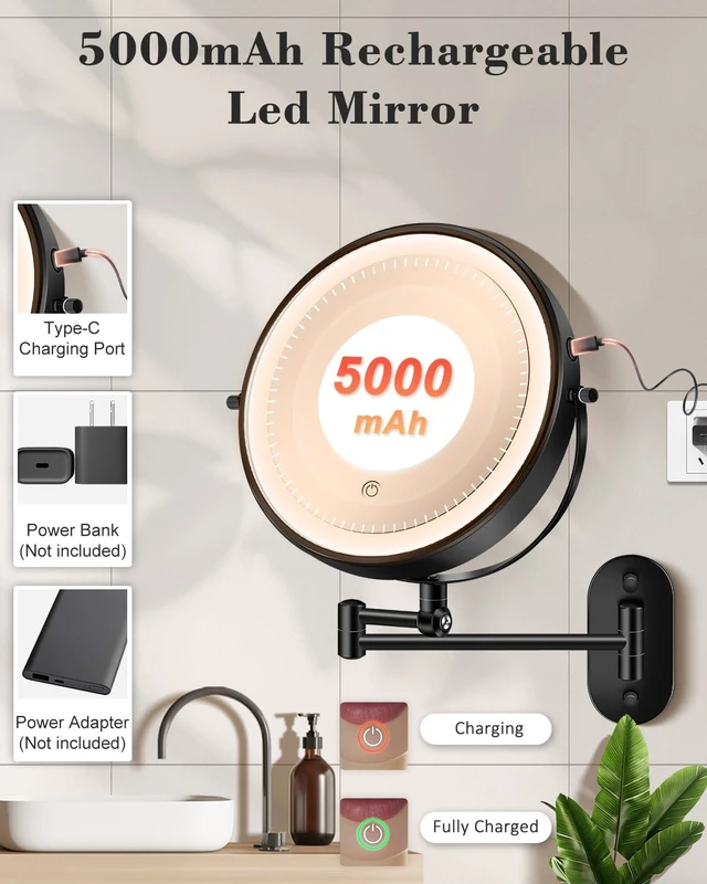 Alt view image 6 of 7 - 9'' 30X/1X Wall Mounted Height Adjustable Lighted Magnifying Makeup Mirror | 5000mAh Rechargeable Bathroom Mirror with 3 Color Modes Light, Extended Arm Space Saving for Apartment, Hotel, Rental House