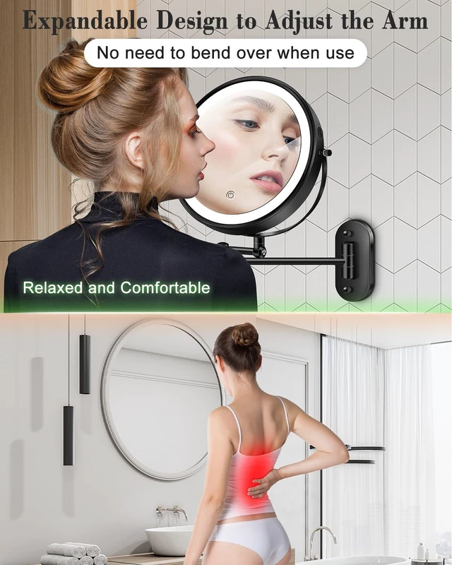 Alt view image 7 of 7 - 9'' 30X/1X Wall Mounted Height Adjustable Lighted Magnifying Makeup Mirror | 5000mAh Rechargeable Bathroom Mirror with 3 Color Modes Light, Extended Arm Space Saving for Apartment, Hotel, Rental House