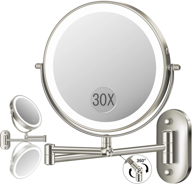 Main image of 9'' 30X/1X Wall Mounted Height Adjustable Lighted Magnifying Makeup Mirror | 5000mAh Rechargeable Bathroom Mirror with 3 Color Modes Light, Extended Arm Space Saving for Apartment, Hotel, Rental House