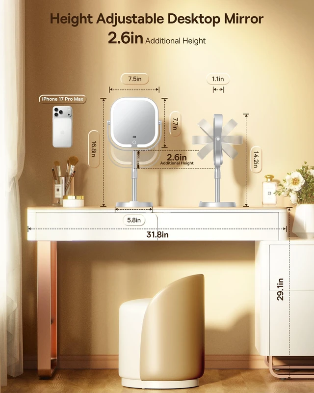 Alt view image 3 of 7 - Gospire ABS Frame Lighted Makeup Mirror with Magnification 20X/1X,Rectangle | Height Adjustable, 20X Magnifying Mirror with Light 3 Colors, 4000mAh Rechargeable Vanity Mirror for Makeup Desk