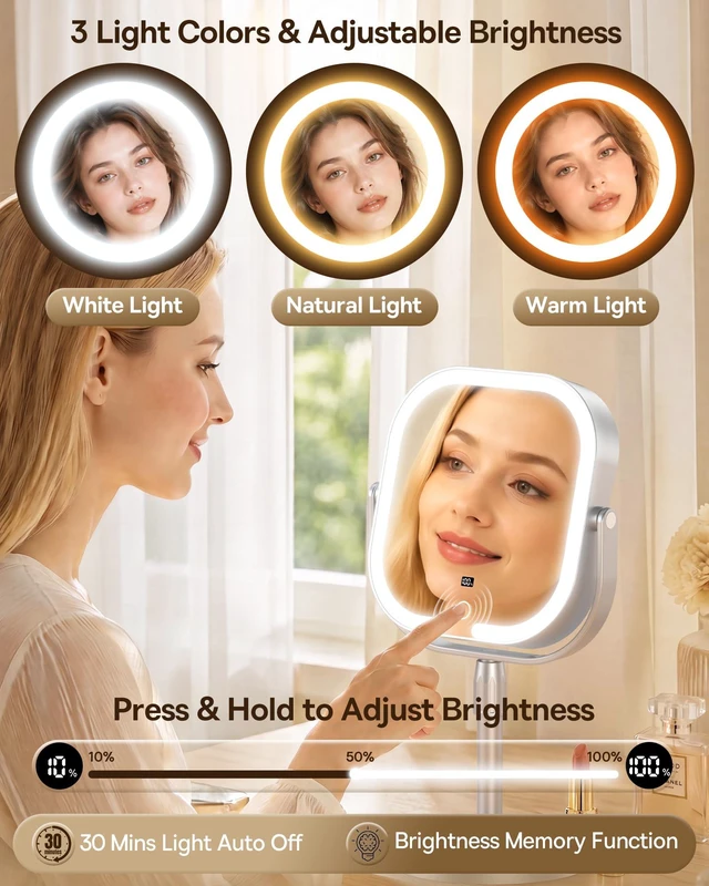Alt view image 6 of 7 - Gospire ABS Frame Lighted Makeup Mirror with Magnification 20X/1X,Rectangle | Height Adjustable, 20X Magnifying Mirror with Light 3 Colors, 4000mAh Rechargeable Vanity Mirror for Makeup Desk