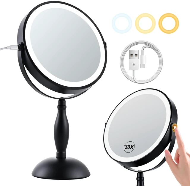 Main image of DASLAVA 30X Magnifying Mirror with Lights-Matte Black 8" Dual Sided | (1X/30X) Lighted Makeup Mirror, 360° Swivel, 5000mAh Rechargeable Side Touch & Side Charging, 3 Colors & Dimmable Brightness