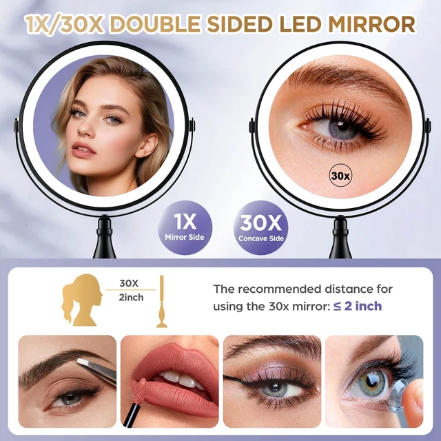 Alt view image 2 of 7 - DASLAVA 30X Magnifying Mirror with Lights-Matte Black 8" Dual Sided | (1X/30X) Lighted Makeup Mirror, 360° Swivel, 5000mAh Rechargeable Side Touch & Side Charging, 3 Colors & Dimmable Brightness