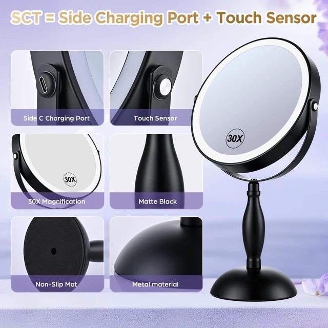 Alt view image 3 of 7 - DASLAVA 30X Magnifying Mirror with Lights-Matte Black 8" Dual Sided | (1X/30X) Lighted Makeup Mirror, 360° Swivel, 5000mAh Rechargeable Side Touch & Side Charging, 3 Colors & Dimmable Brightness