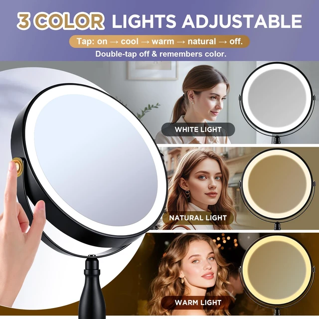 Alt view image 4 of 7 - DASLAVA 30X Magnifying Mirror with Lights-Matte Black 8" Dual Sided | (1X/30X) Lighted Makeup Mirror, 360° Swivel, 5000mAh Rechargeable Side Touch & Side Charging, 3 Colors & Dimmable Brightness