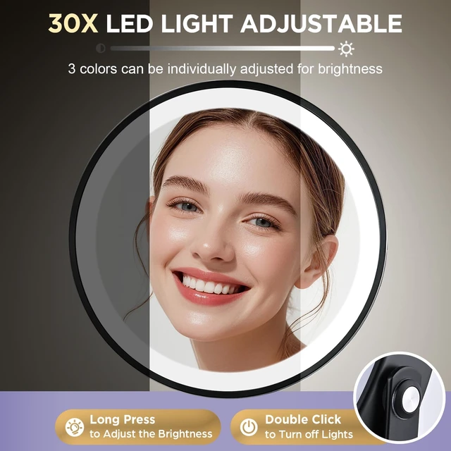 Alt view image 5 of 7 - DASLAVA 30X Magnifying Mirror with Lights-Matte Black 8" Dual Sided | (1X/30X) Lighted Makeup Mirror, 360° Swivel, 5000mAh Rechargeable Side Touch & Side Charging, 3 Colors & Dimmable Brightness
