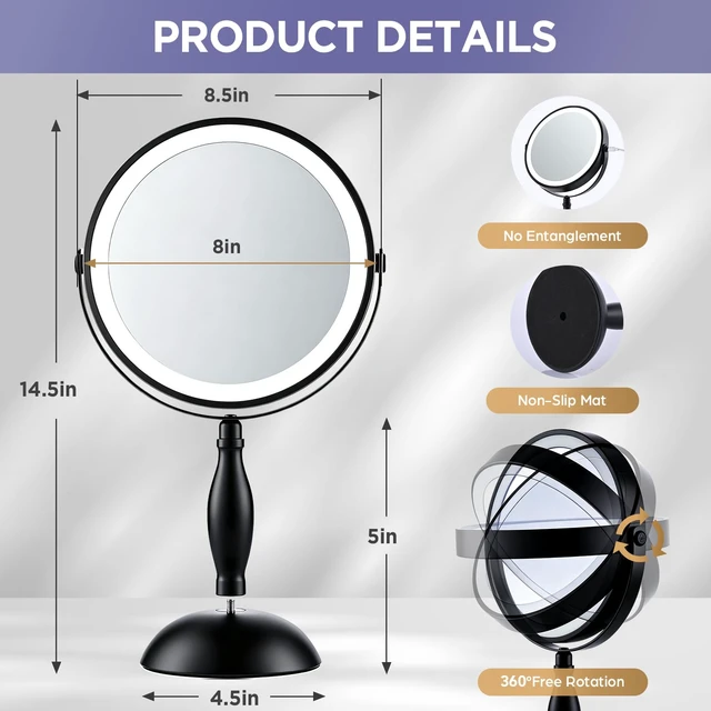 Alt view image 6 of 7 - DASLAVA 30X Magnifying Mirror with Lights-Matte Black 8" Dual Sided | (1X/30X) Lighted Makeup Mirror, 360° Swivel, 5000mAh Rechargeable Side Touch & Side Charging, 3 Colors & Dimmable Brightness
