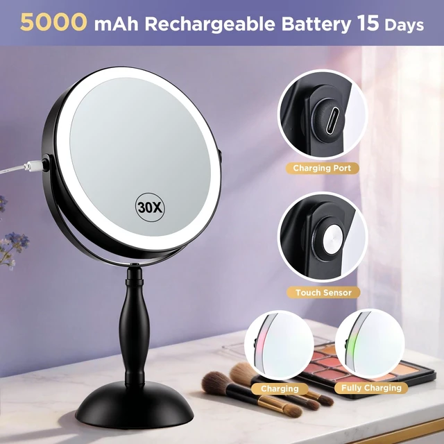 Alt view image 7 of 7 - DASLAVA 30X Magnifying Mirror with Lights-Matte Black 8" Dual Sided | (1X/30X) Lighted Makeup Mirror, 360° Swivel, 5000mAh Rechargeable Side Touch & Side Charging, 3 Colors & Dimmable Brightness