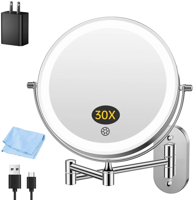 Main image of FUNTOUCH 5000mAh Rechargeable Wall Mounted Makeup Mirror with Light Charger | Double Sided 1X/30X Magnification,3 Color Lights,Touch Dimmable,Extended Arm 360 Rotation Lighted Bathroom Mirror