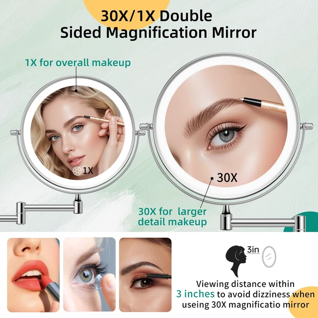Alt view image 2 of 7 - FUNTOUCH 5000mAh Rechargeable Wall Mounted Makeup Mirror with Light Charger | Double Sided 1X/30X Magnification,3 Color Lights,Touch Dimmable,Extended Arm 360 Rotation Lighted Bathroom Mirror