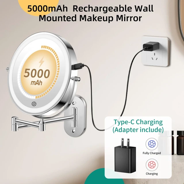 Alt view image 3 of 7 - FUNTOUCH 5000mAh Rechargeable Wall Mounted Makeup Mirror with Light Charger | Double Sided 1X/30X Magnification,3 Color Lights,Touch Dimmable,Extended Arm 360 Rotation Lighted Bathroom Mirror