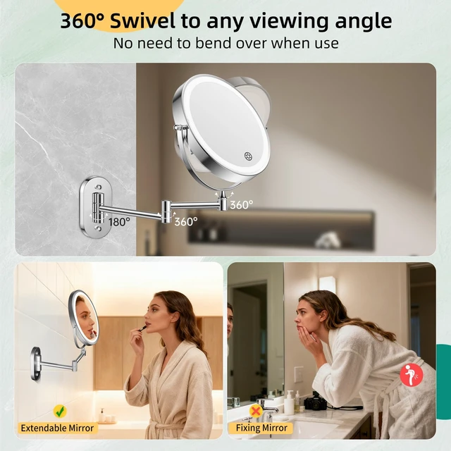 Alt view image 5 of 7 - FUNTOUCH 5000mAh Rechargeable Wall Mounted Makeup Mirror with Light Charger | Double Sided 1X/30X Magnification,3 Color Lights,Touch Dimmable,Extended Arm 360 Rotation Lighted Bathroom Mirror