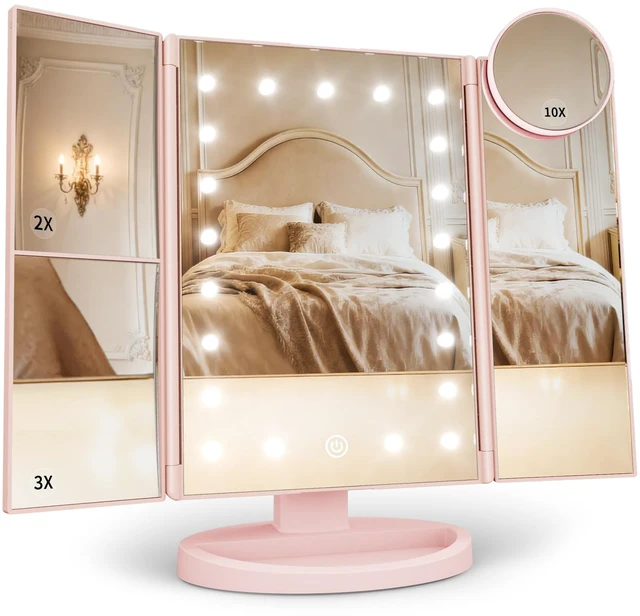 Main image of HUONUL 2X/3X/10X Magnifying Vanity Mirror with Light, Trifold Makeup Mirror | Touch Dimming, Dual Power, Clear View for Makeup, Skincare. Dorm Room Essentials. Birthday Gifts for Women, Mom, Wife