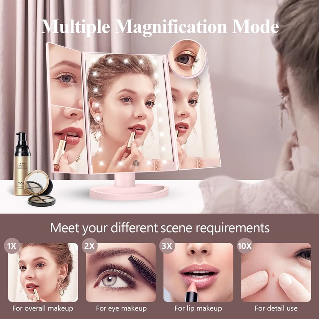 Alt view image 2 of 7 - HUONUL 2X/3X/10X Magnifying Vanity Mirror with Light, Trifold Makeup Mirror | Touch Dimming, Dual Power, Clear View for Makeup, Skincare. Dorm Room Essentials. Birthday Gifts for Women, Mom, Wife