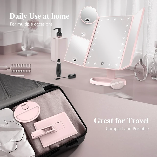 Alt view image 4 of 7 - HUONUL 2X/3X/10X Magnifying Vanity Mirror with Light, Trifold Makeup Mirror | Touch Dimming, Dual Power, Clear View for Makeup, Skincare. Dorm Room Essentials. Birthday Gifts for Women, Mom, Wife